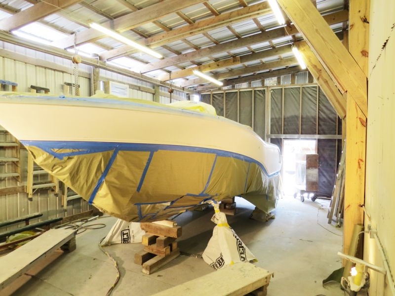 Taping-off to separate colors, requires care and a steady hand. Protecting each area of the hull from overspray and direct paint requires multiple stages of taping and masking during the painting process. Clean up of tape residue is a mandatory chore throughout the project.